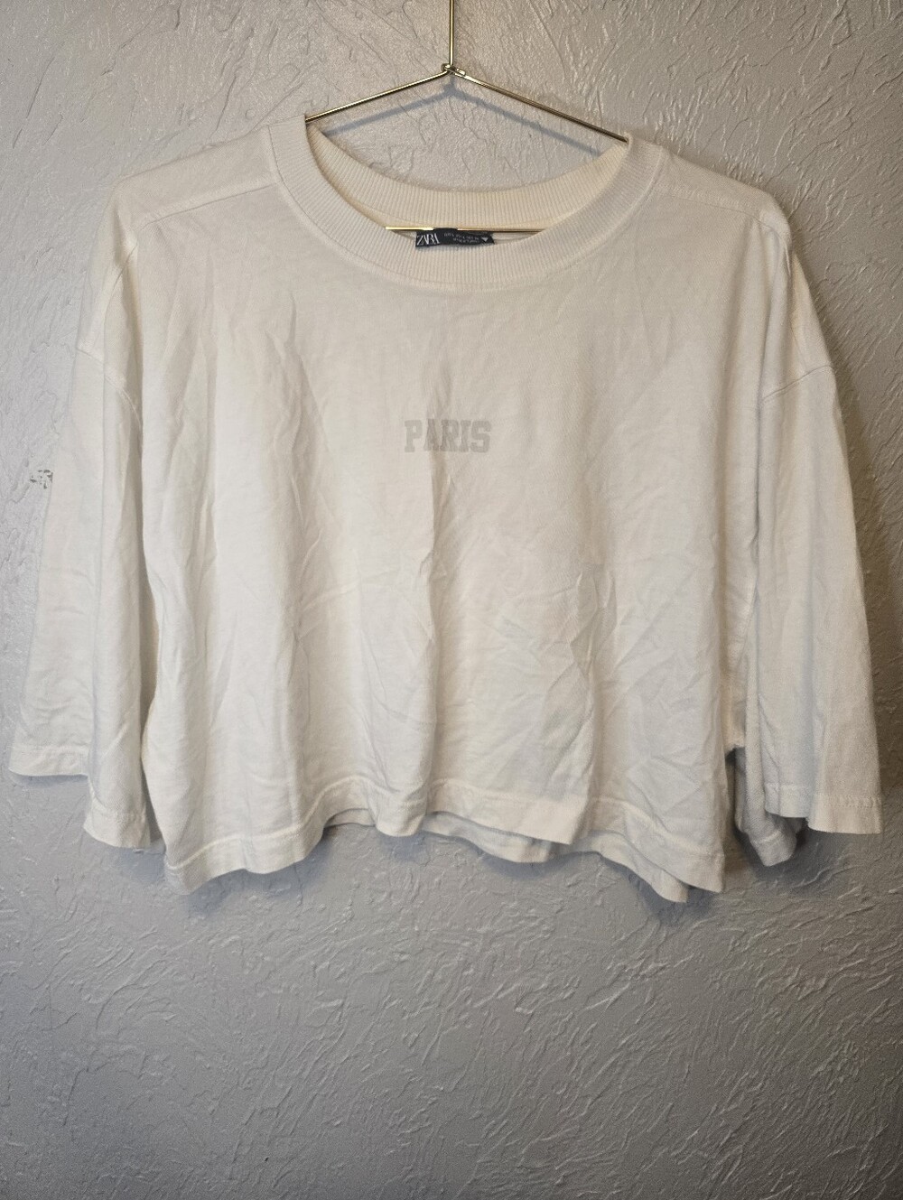 Zara Paris Cropped Boxy Tee White Minimalist Graphic T-Shirt Size Large